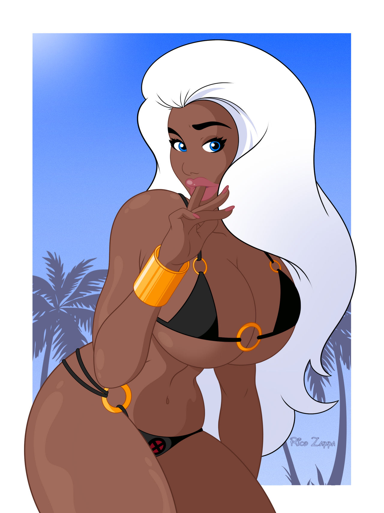 2d, artist signature, big breasts, bikini, breasts, dark skin, dark-skinned female, female, finger in mouth, looking at viewer, marvel, marvel comics, ororo munroe, palm tree, ricozappa, storm (x-men), white hair, x-men