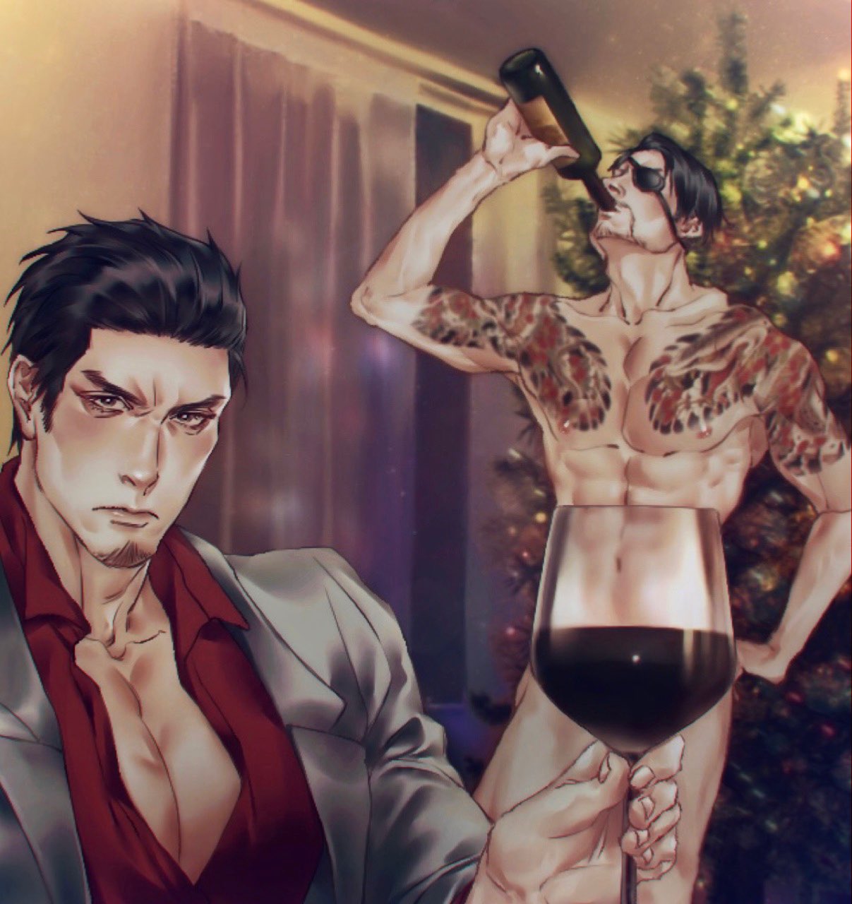 abs big_pecs chest_tattoo christmas_tree convenient_censoring covering_crotch drinking drunk eyepatch facial_hair gay kiryu_kazuma like_a_dragon_(series) majima_goro male_cleavage meme multiple_males muscular muscular_male nipples nude older_male rgg_studio ryuu_ga_gotoku sega smooth_skin standing tattoos yakuza_(series) yaoi