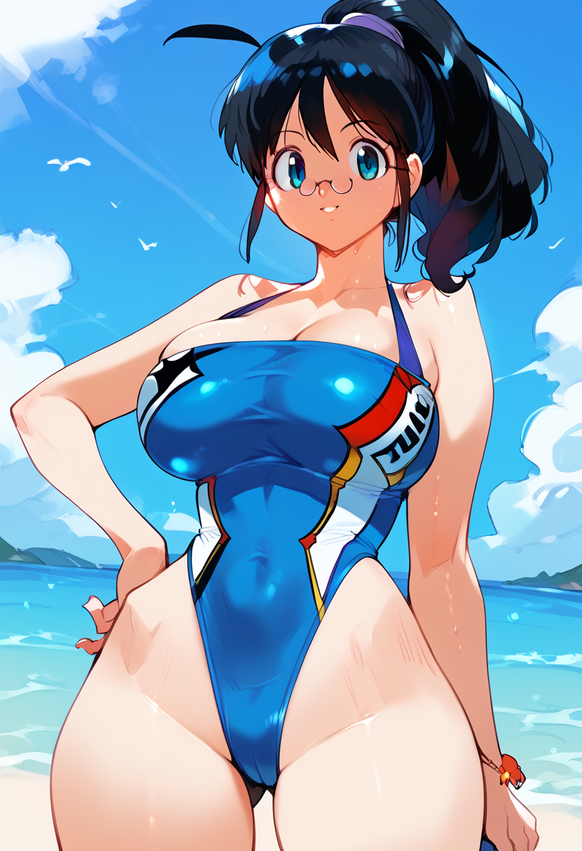 2d ai_generated beach big_breasts black_hair blue_swimsuit day female_focus female_only glasses hand_on_hip highleg hinata_aki keroro_gunsou outdoors ponytail sky solo solo_female solo_focus standing swimsuit tagme