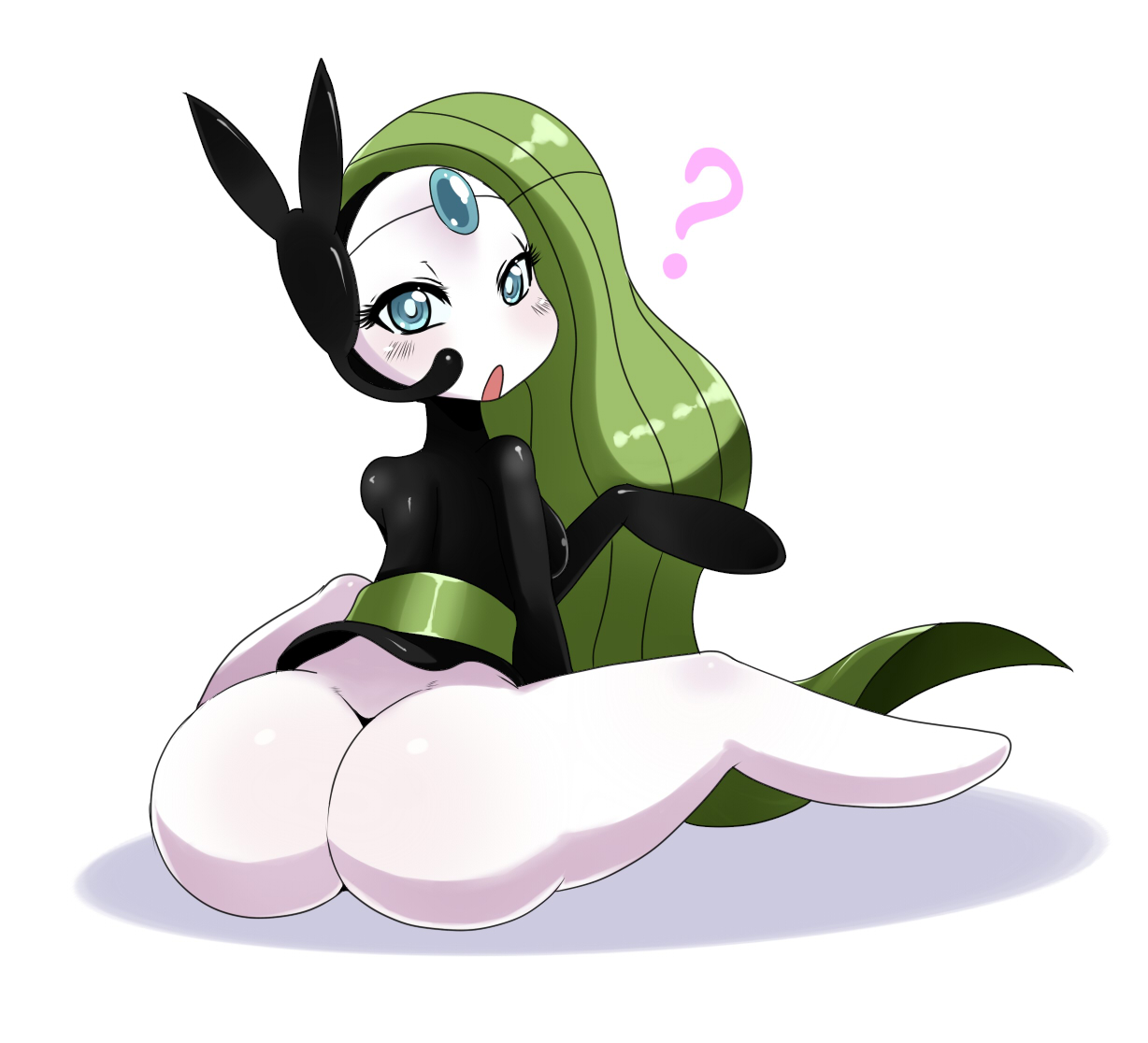 ?, anthro, ass, big ass, big butt, bottomless, female, green hair, hair, huge ass, legendary pokemon, long hair, looking at viewer, looking back, meloetta, mythical pokemon, nintendo, open mouth, pokemon, pokemon (species), sssonic2