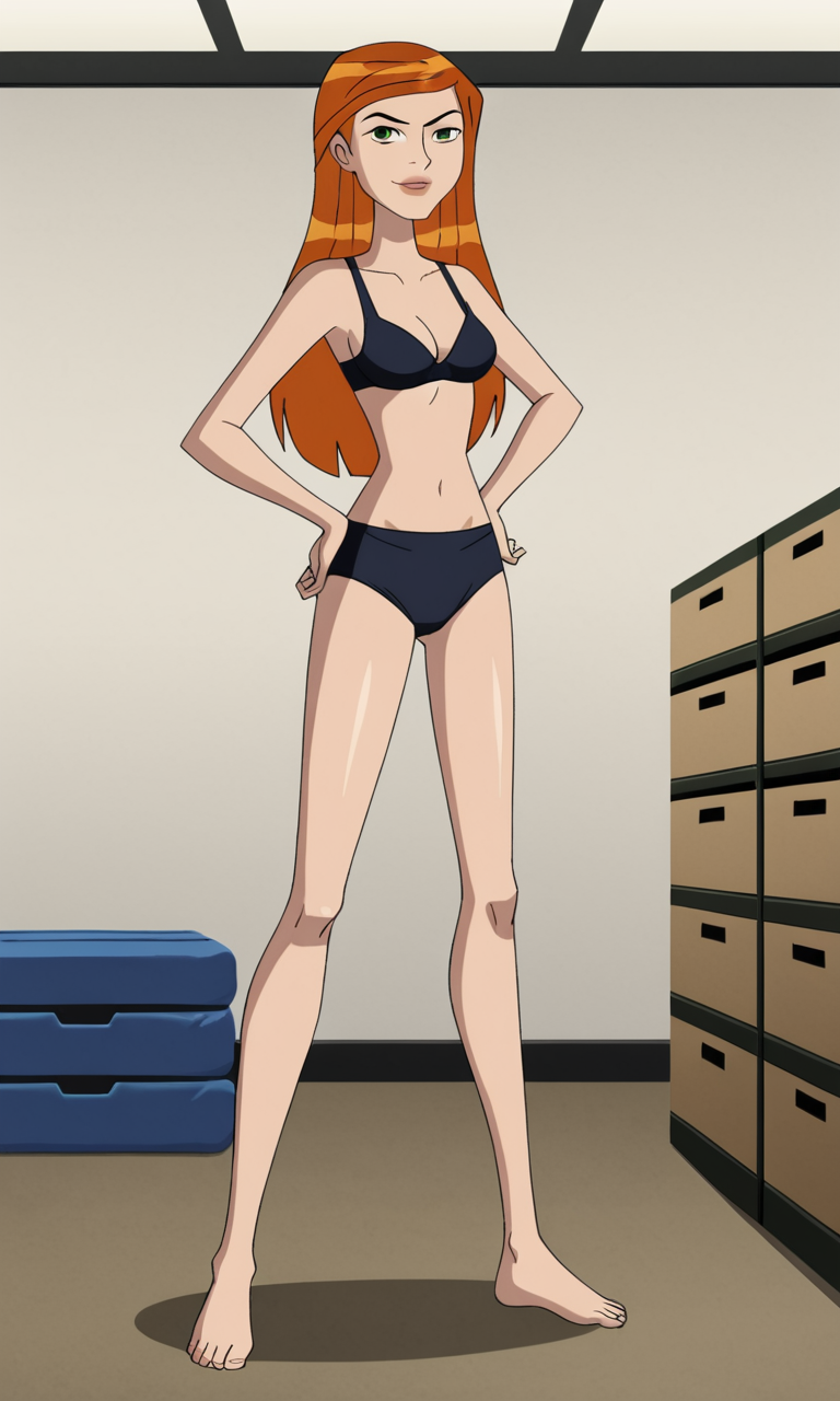 ai_generated bare_legs barefoot ben_10 ben_10_ultimate_alien bigmic145 bra breasts cleavage feet female female_focus female_only ginger ginger_hair gwen_tennyson gwen_tennyson_(alien_force) gwen_tennyson_(ultimate_alien) gym_clothes gym_clothing gym_shorts gym_uniform long_hair medium_breasts orange_hair