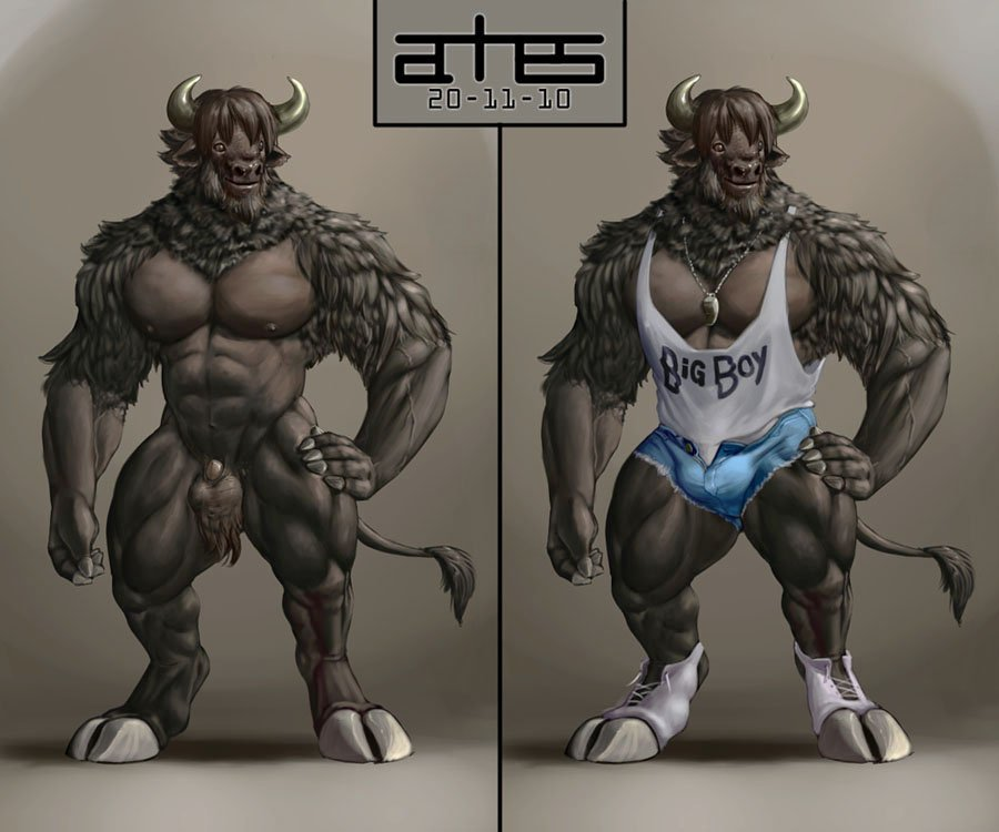 anhes balls bison bovine clothing collar horn male male_only muscles nipples nude pose sheath shirt shorts solo