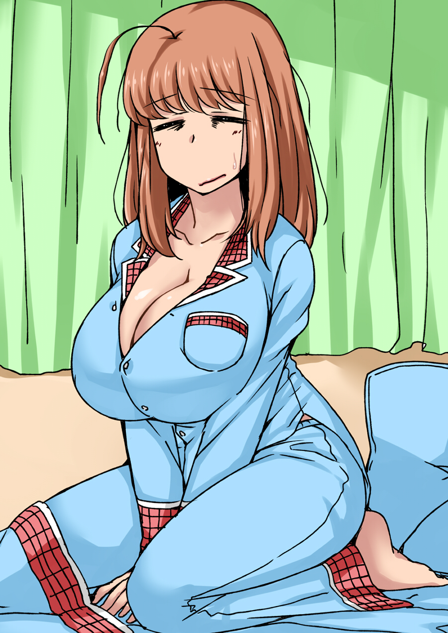 1girls ahoge bed bedroom breasts brown_hair cleavage closed_eyes female huge_breasts komusou_(jinrikisha) long_hair on_bed ooba_minori original pajamas solo sweatdrop tired v_arms waking_up