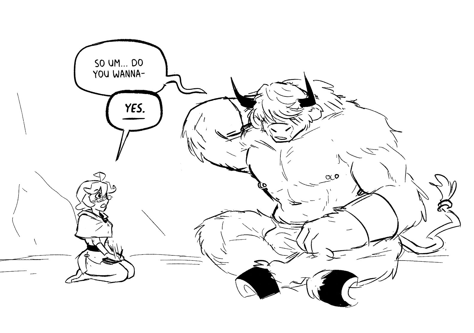 1boy, 1girls, black and white, eclair (spicymancer), enthusiastic consent, female, hooves, horns, horns and hooves, male, minotaur, monochrome, muscular, muscular male, nipple piercing, nipple piercings, nipples, piercing, size difference, smaller female, spicymancer, text