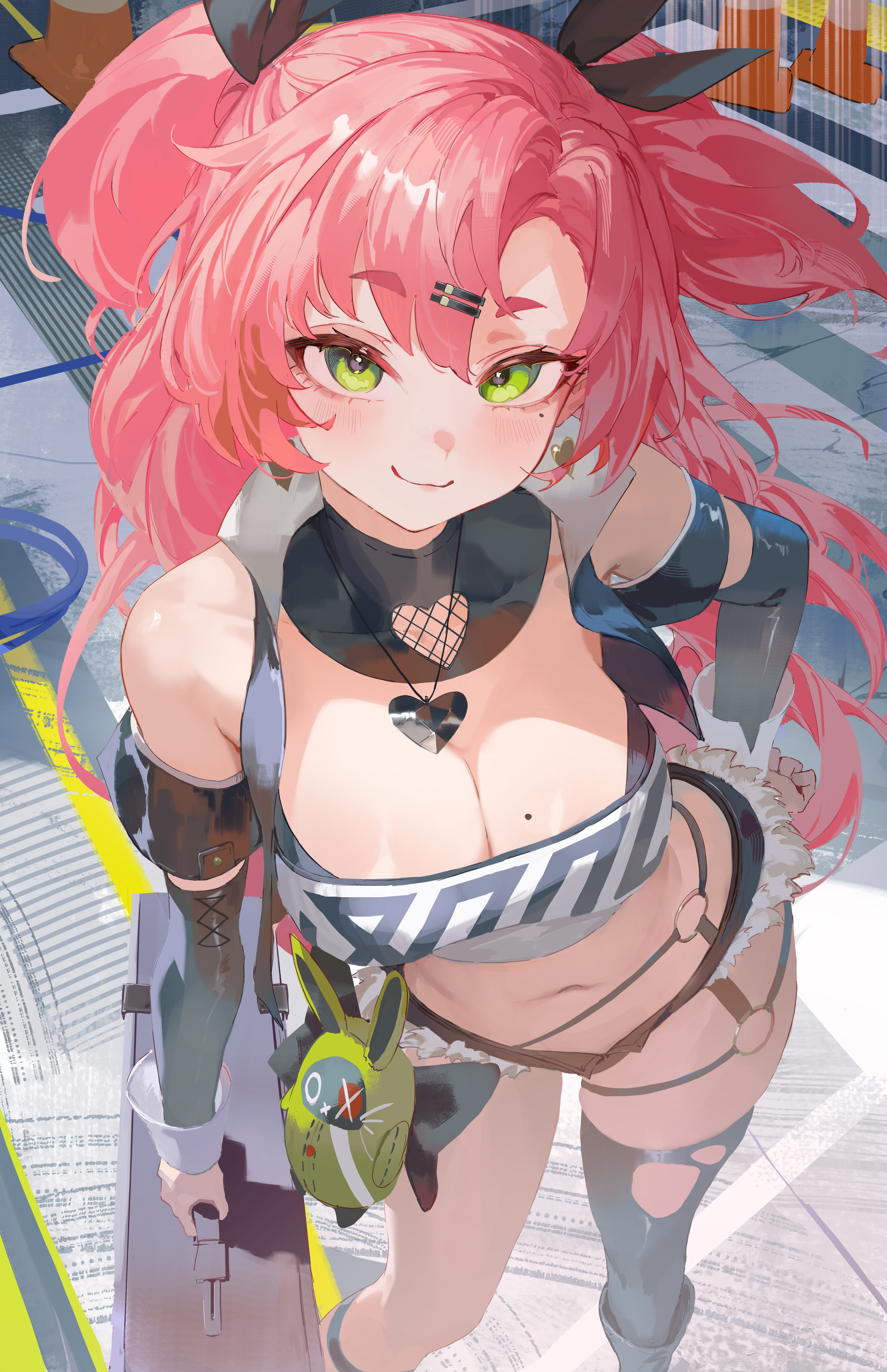 1girls, bare shoulders, big breasts, black shorts, breasts, cleavage, female, fur-trimmed shorts, green eyes, hairbow, heart symbol, hoyoverse, large breasts, mole, mole on breast, mole under eye, navel, necklace, nicole demara, pink hair, thighhighs, thighs, torn clothes, zenless zone zero