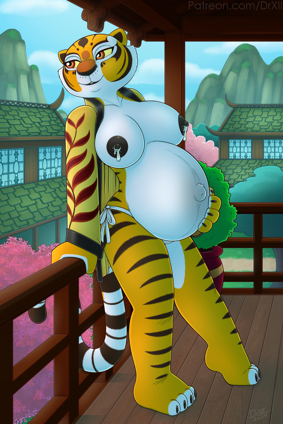 1girls anthro belly big_belly big_breasts breasts dreamworks drxii feline female furry kung_fu_panda lactation master_tigress nipples pregnant solo tiger