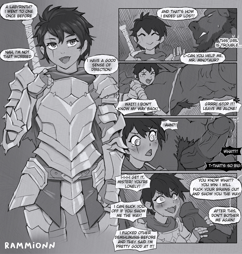 1girls agreement armor armored_female big_ass comic_page dialogue english_text european_mythology greek_mythology handjob horny_female huge_cock imminent_sex minotaur monster monster_on_female negotiating negotiations original_character penis_awe pixie_cut rammionn size_difference sweat tomboy