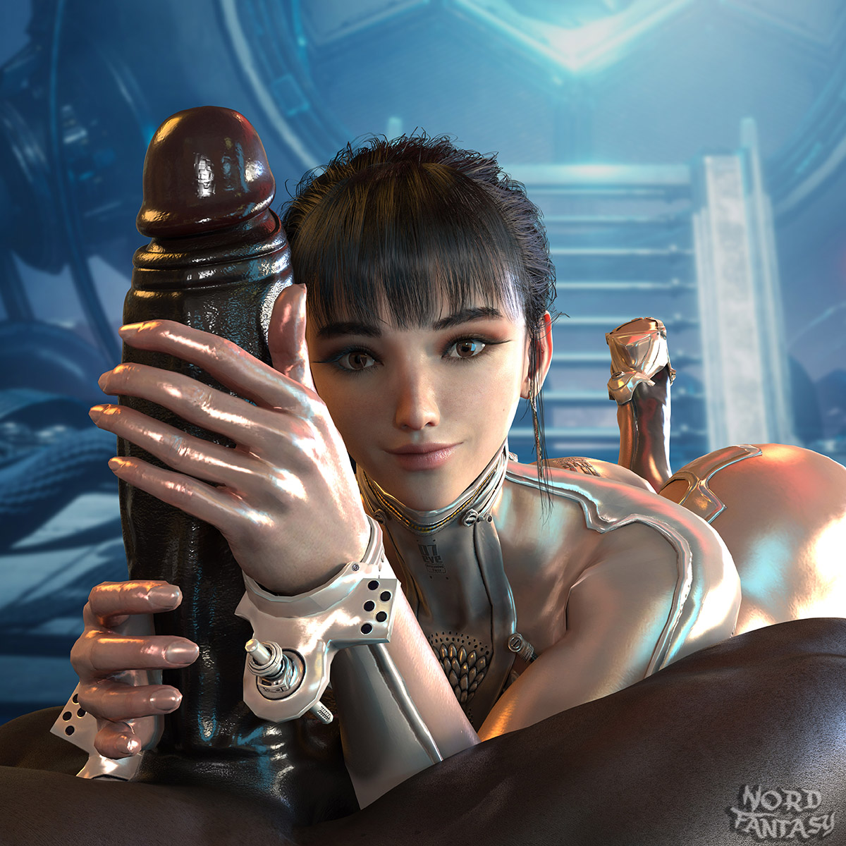 3d, big penis, bodysuit, cock worship, dark-skinned male, eve (stellar blade), hand on penis, huge cock, interracial, looking at viewer, male, nordfantasy, penis, penis worship, pov, skin suit (stellar blade), skin tight, stellar blade, tight clothes, tight clothing