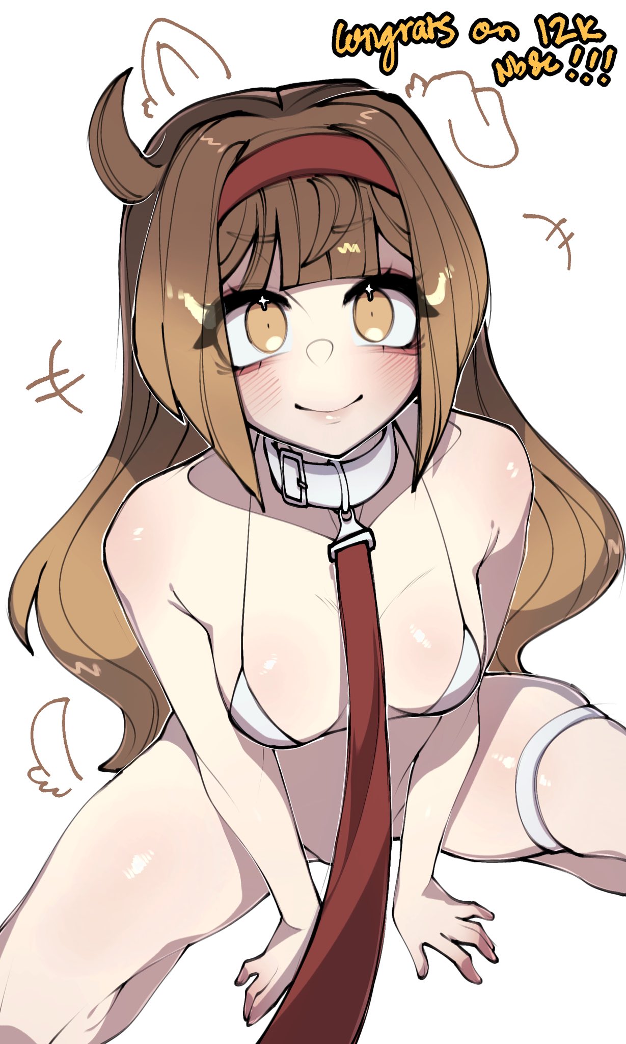 1girls bikini blush bottomless brown_eyes brown_hair collar hairband happy_sub leash lobotomy_corporation long_hair looking_at_viewer malkuth_(lobotomy_corporation) project_moon renata11033 sitting smile solo sweat tail text thick_thighs