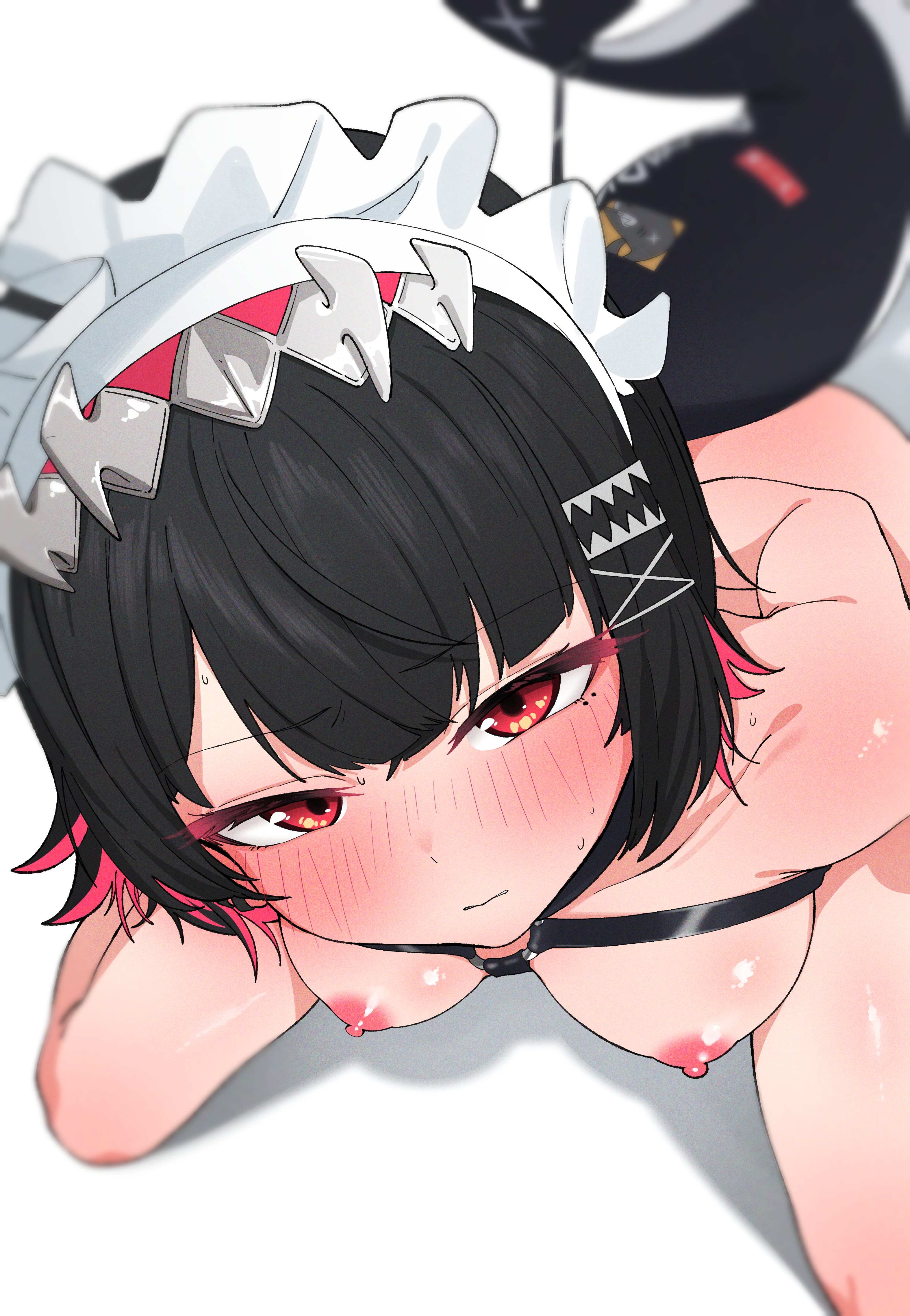 arms behind back, bare breasts, black hair, blush, breasts, ellen joe, female, hair between eyes, hair ornament, hoyoverse, maid headdress, multicolored hair, nipples, red eyes, shark girl, shark humanoid, shark tail, sweatdrop, zenless zone zero