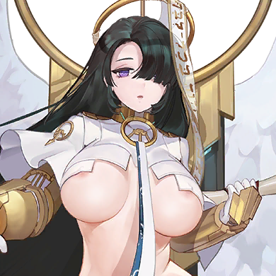 areola_slip areolae azazel_(last_origin) bangs big_breasts blunt_bangs breasts_apart color exposed_breasts game_cg gauntlets gold_gauntlet green_hair hair_covering_eye hair_covering_one_eye high_collar last_origin long_hair looking_at_viewer nipple_bulge one_eye_covered purple_eyes revealing_clothes rorobomb scroll skimpy skimpy_clothes small_image transparent_background underboob white_clothing white_wings wings