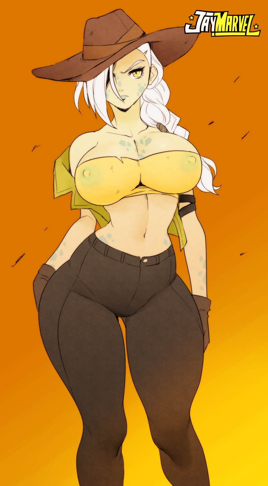 ass, braid, braided ponytail, breasts, busty, clothed female, cow girl, crop top, female, green eyes, huge ass, huge breasts, jay-marvel, oc, original, original character, pants, thick thighs, tight clothing, white hair