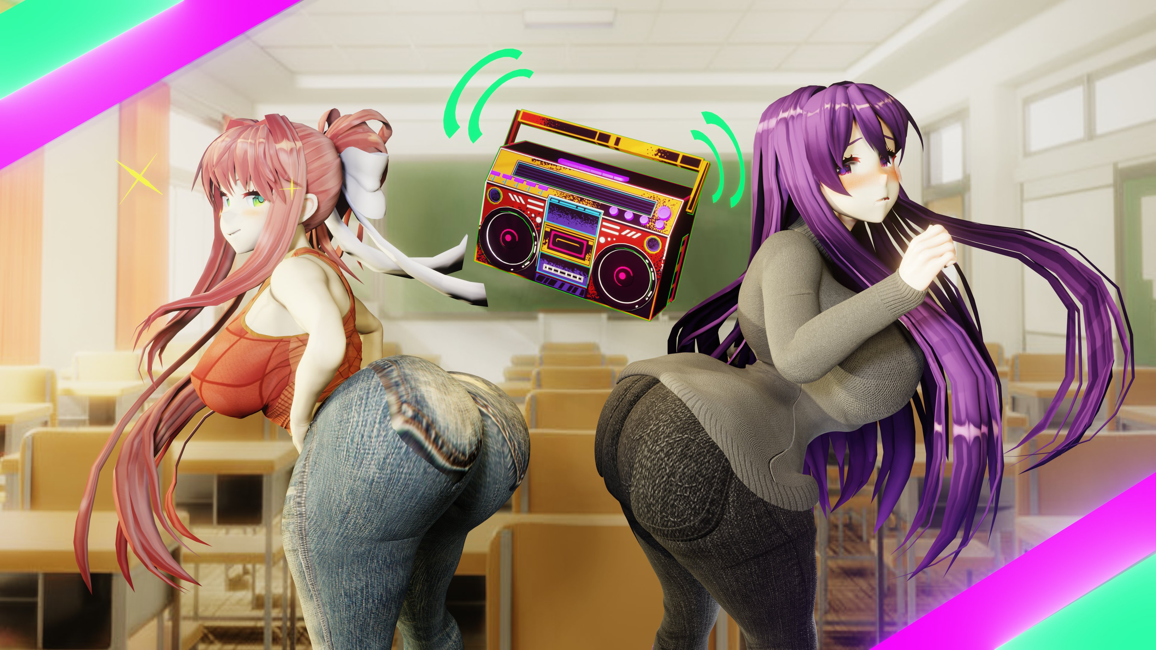 2girls, 3d, 3d (artwork), asian, asian bimbo, asian female, ass, ass expansion, big breasts, body control, boombox, breasts, bubble ass, bubble butt, clothed, doki doki literature club, female, female only, full body, gold boombox (prevence), huge ass, huge breasts, jeans, kiro93591529, large ass, long hair, monika (doki doki literature club), thick thighs, twerk hypnosis, twerking, twerkout, yuri (doki doki literature club)