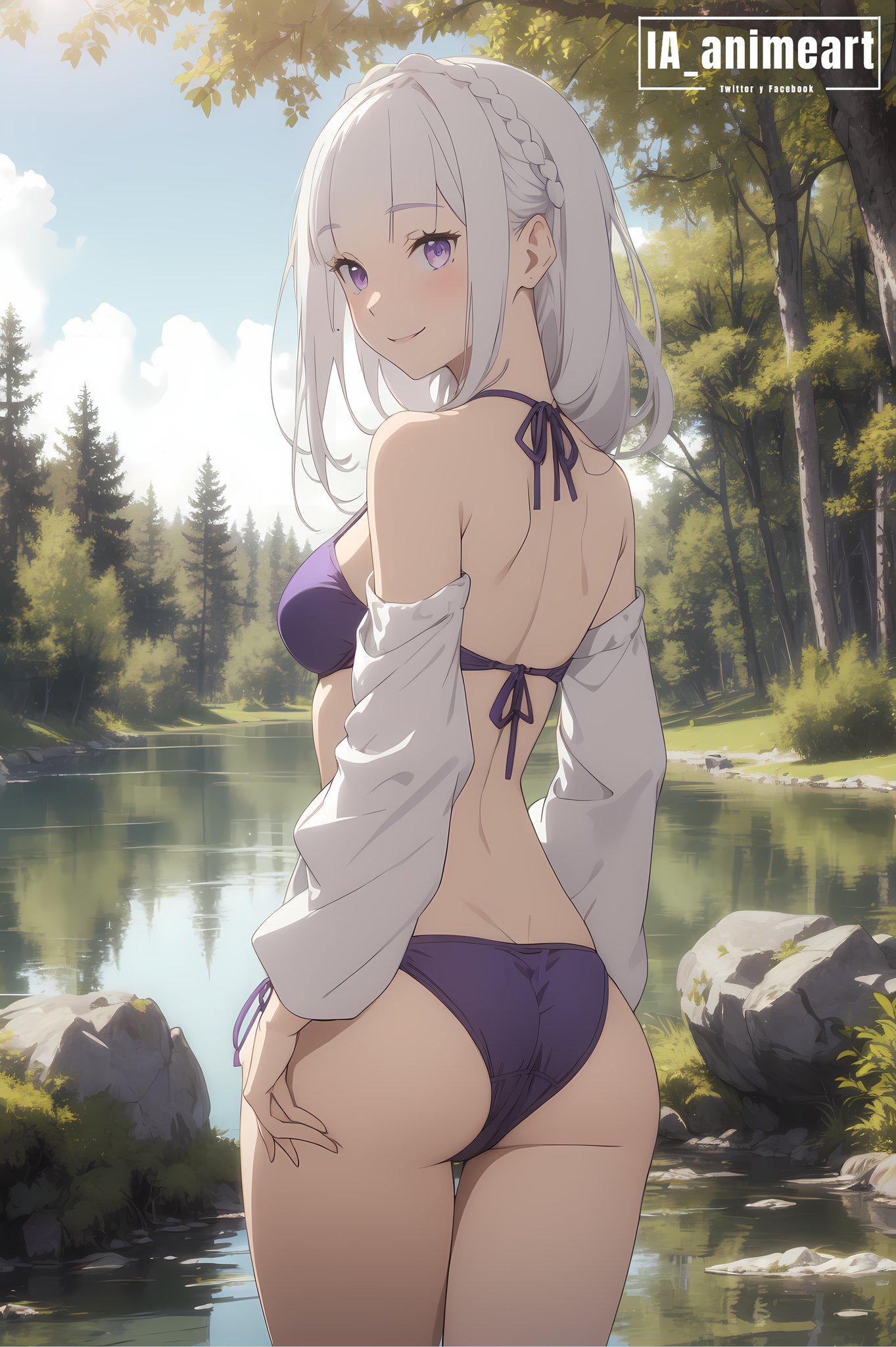 ai generated, emilia (re:zero), female, purple bikini, purple eyes, re:zero kara hajimeru isekai seikatsu, silver hair, white hair