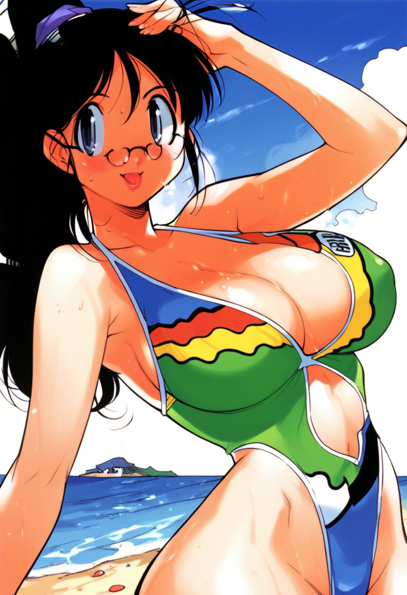 2d ai_generated beach big_breasts black_hair female glasses hinata_aki keroro_gunsou long_hair one-piece_swimsuit outdoors solo solo_female solo_focus swimsuit tagme