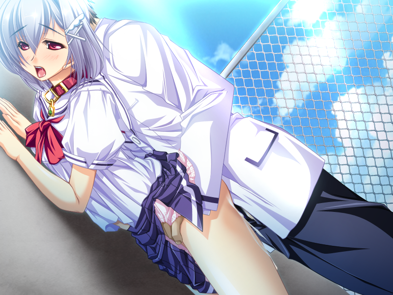 bed blush breasts female fence game_cg goshujinsama_daisuki kuu_spitfire maid red_eyes school_uniform sex short_hair silver_hair sky uncensored