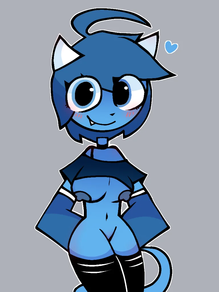 <3 blue_body blue_hair blue_skin blush breasts clubette demon demon_girl demon_horns eyelashes eyelashes_visible_through_hair female female_only geometry_dash gloves horns navel nipples no_sex sharp_teeth sharp_tooth shirt_lift smile smiling thighhighs white_horns