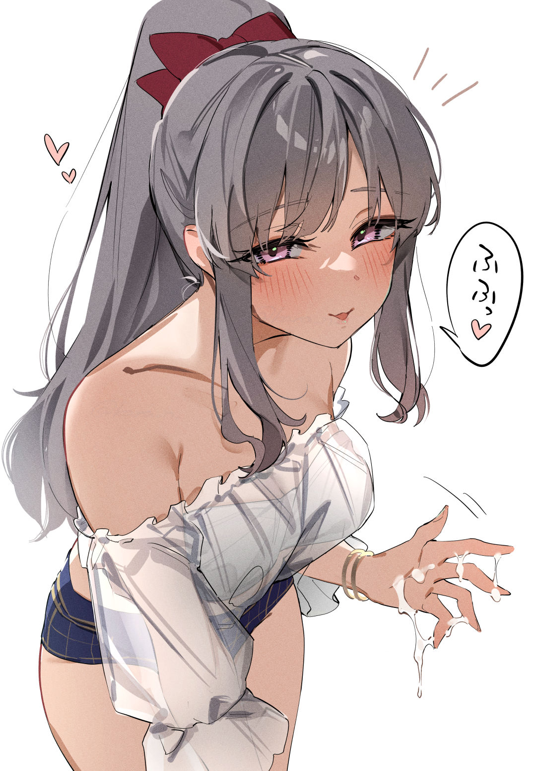 bare_shoulders blue_shorts blush bow bracelet breasts commentary cum cum_on_body cum_on_hands female gold_bracelet grey_hair hairbow heart highres idolmaster idolmaster_shiny_colors jewelry karan leaning_forward long_hair looking_at_viewer medium_breasts multiple_bracelets naughty_face off-shoulder_shirt off_shoulder open_mouth purple_eyes red_bow see-through_clothes see-through_shirt shirt shorts simple_background smile solo speech_bubble strapless suggestive_fluid thighs translated tube_top white_background white_tube_top yukoku_kiriko