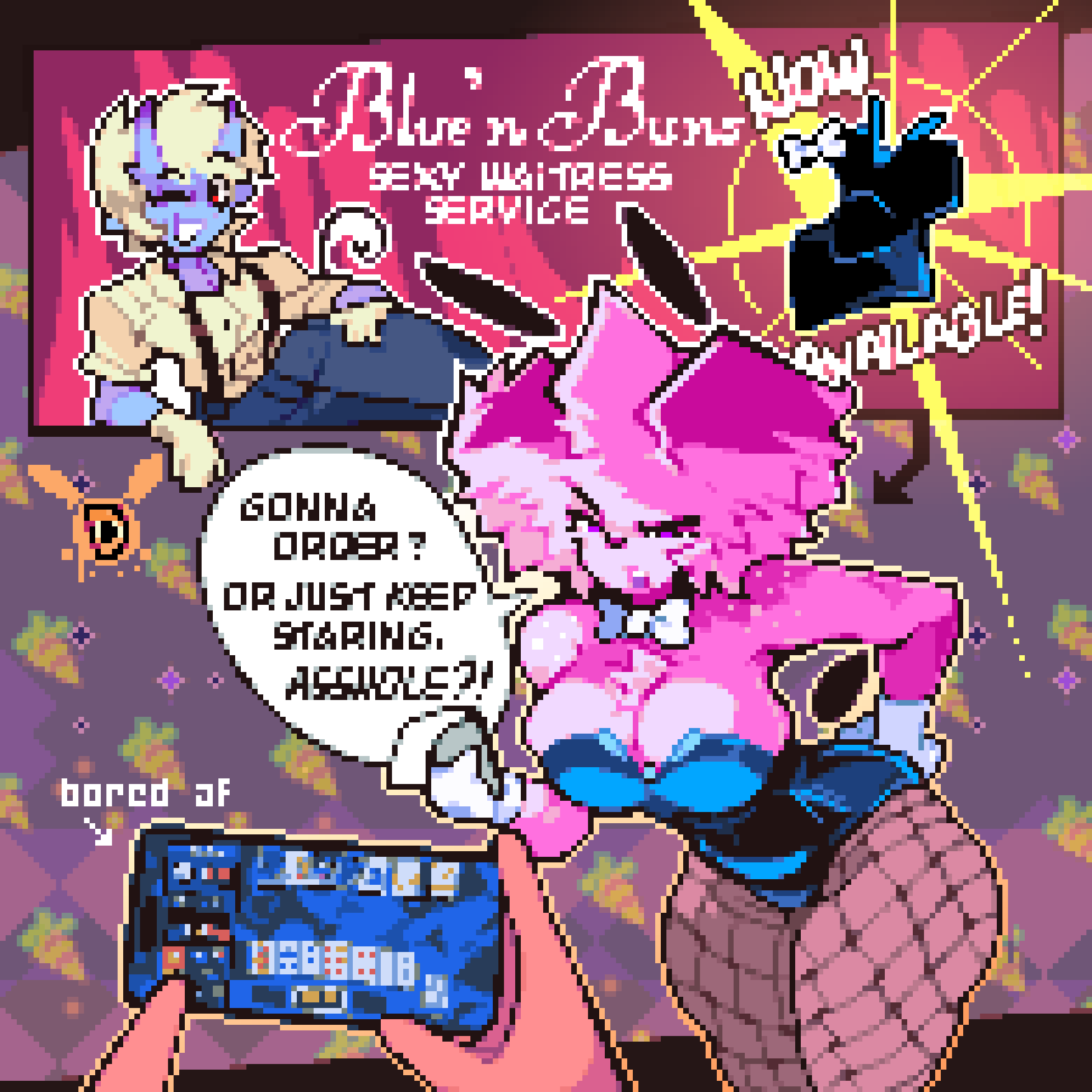 2girls ass average_breasts bowtie bunnysuit cards carrot casino cellphone couple demon demon_girl ditchu ditchu_(oc) fishnets gradient_horns hands_on_ass insulting insulting_viewer leotard pantyhose paper phone pink_body pixel_art pixelated roxxie_(oc) rude sexy smile speech_bubble succubus virtual_casino waiting waitress white ಠ⁠_⁠ಠ