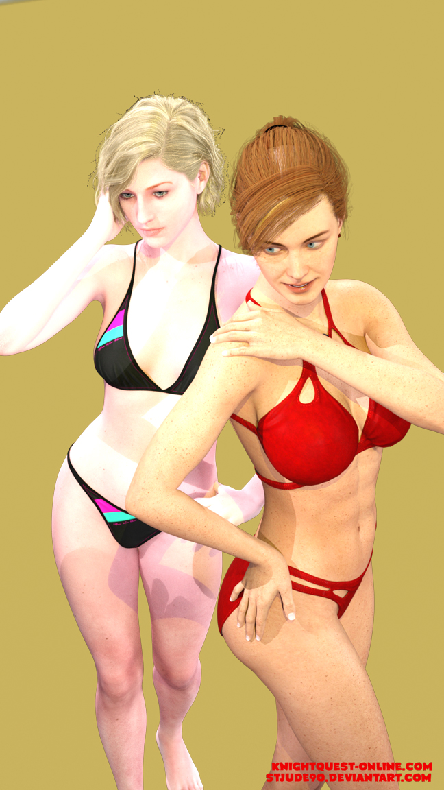 2girls 3d bikini blonde_hair gwen_stacy marvel_comics mary_jane_watson mary_jane_watson_(insomniac) red_bikini red_hair spider-man_(ps4) spider-man_(series) stjude90 swimsuit