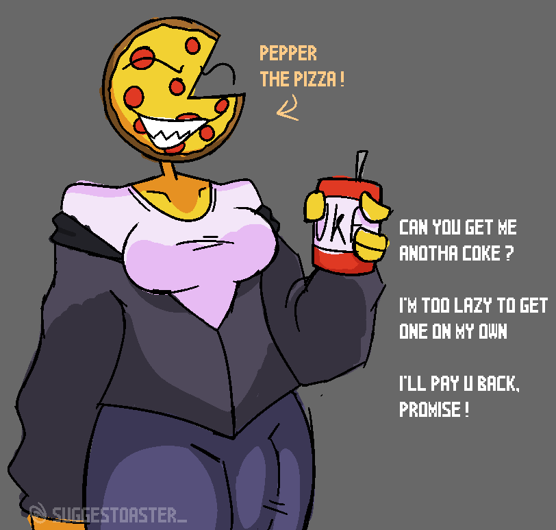 breasts breasts bulge bulge_through_clothing clothed drink food food_humanoid futa_only futanari pepper_(suggestoaster_) pizza pizza_girl sharp_teeth suggestoaster_ text