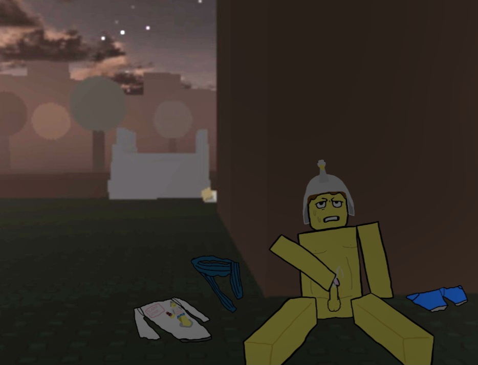 1boy background black_eyes clothes_on_floor cumming forsaken_(roblox) hair hat jerkingoff male masturbation naked_male penis pleasure_face roblox shedletsky sitting solo_male