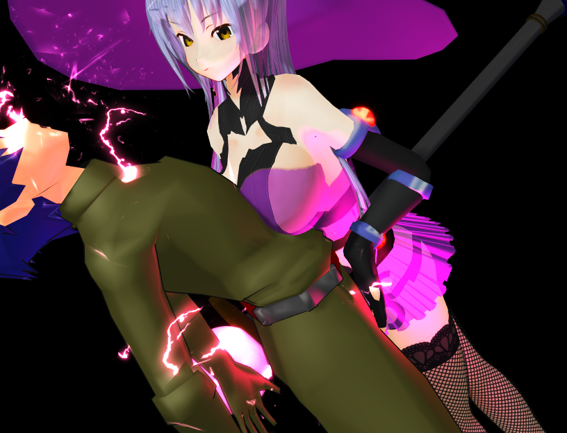 alf_(girl_beats_hero) big_breasts black_background boko877 boob_squish boobs_on_chest breasts femdom fishnets girl_beats_hero leaning_back leaning_on_another leaning_on_person lightning magic mmd over_clothes pain purple purple_magic selunelia_(girl_beats_hero) shocked staff touching_bulge witch witch_hat yellow_eyes