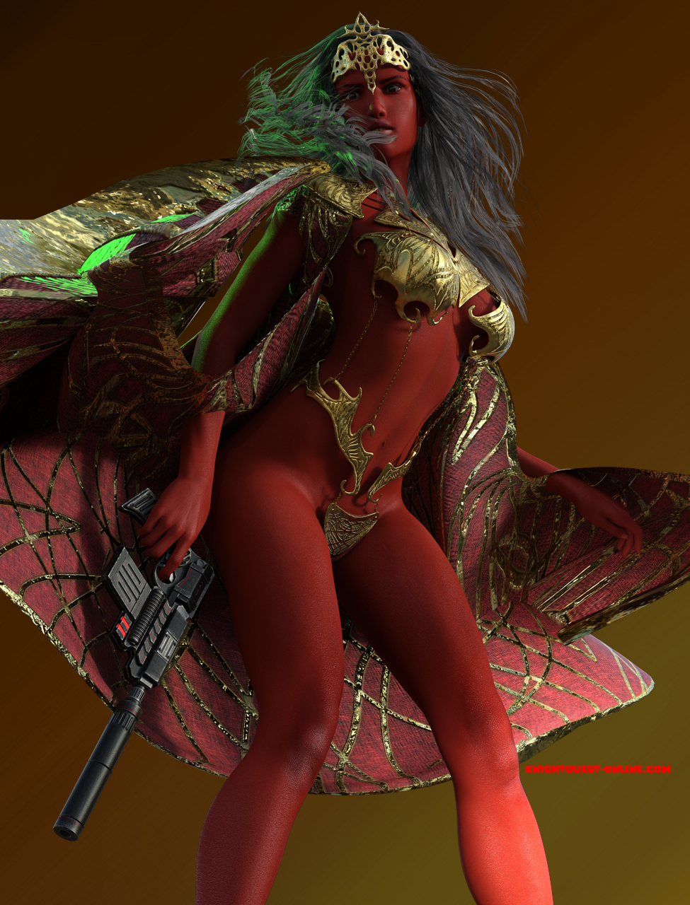 1girls 3d a_princess_of_mars bikini black_hair cloak dejah_thoris gun metal_bikini red_skin red_skinned_female stjude90 weapon