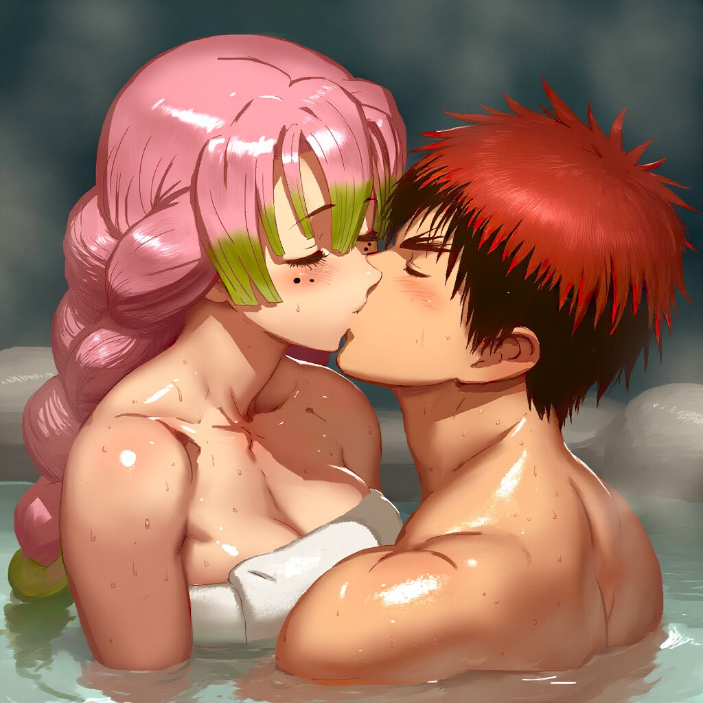 1boy1girl ai_generated anime babe basketball beautiful beautiful_females big_breasts blush busty_female cleavage couple crossover crossover_kiss curvy_figure dark_red_hair demon_slayer drawing dreson exorcist fantasy green_outline handsome imminent_sex kanroji_mitsuri kissing kuroko_no_basuke muscular muscular_male onsen partially_submerged pink_hair pink_hair_female romantic samurai steam straight taiga_kagami towel towel_over_breasts twintails voluptuous voluptuous_female young