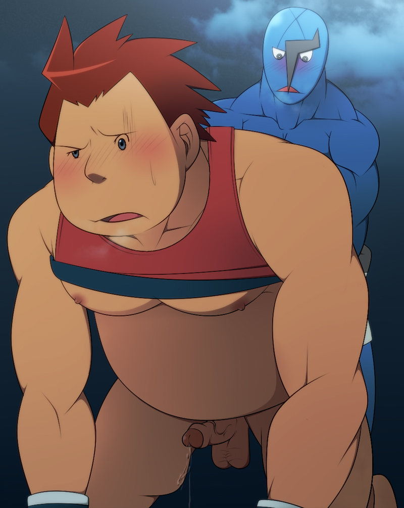 anal blue_skin blush brown_hair drip gloves male male_only pokemon pokephilia sawk simple_background spiky_hair stephan