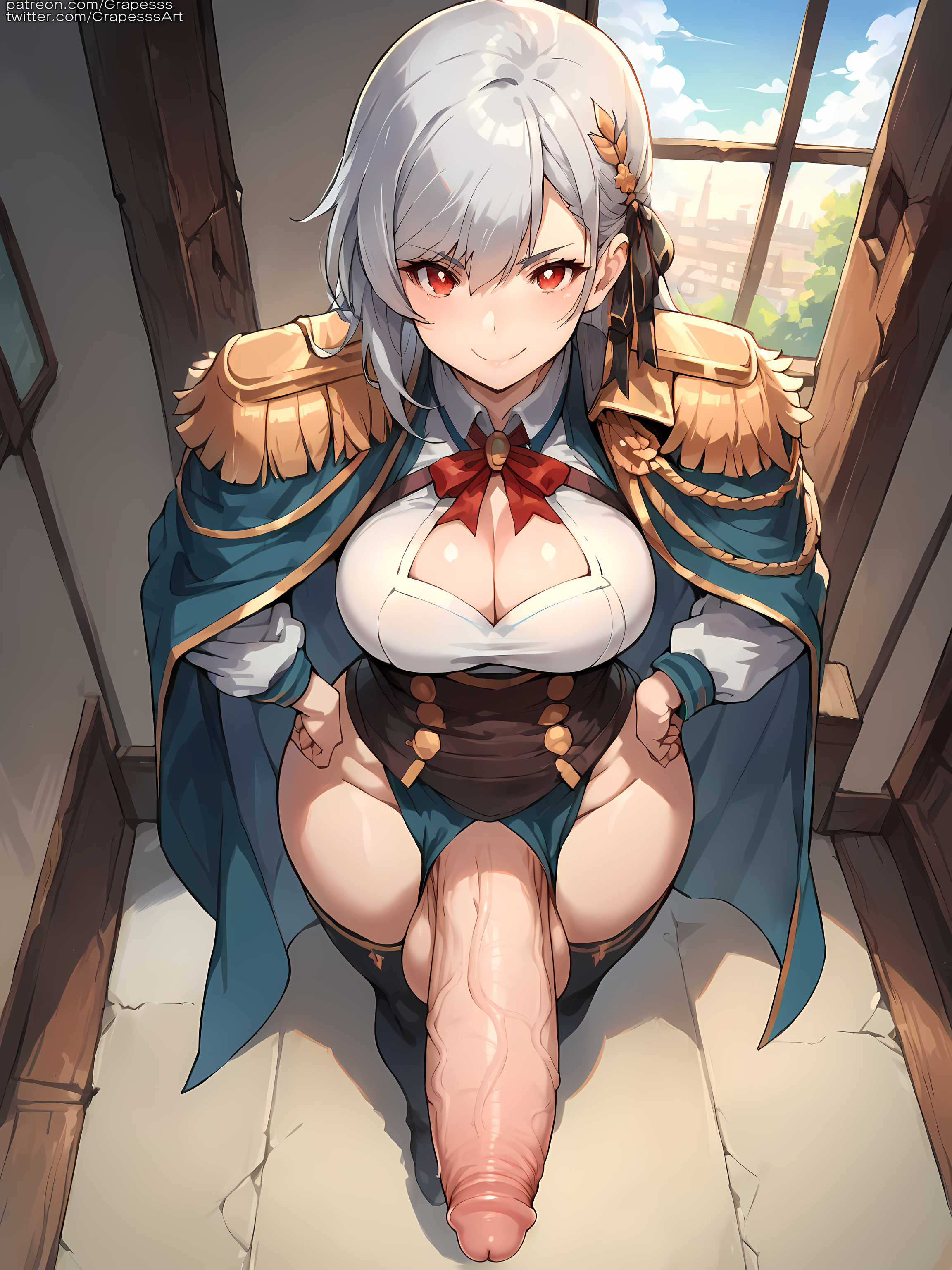 1futa, ai generated, ass, balls, big ass, big balls, blush, breasts, eiyuu-ou bu wo kiwameru tame tensei su ~soshite sekai saikyou no minarai kishi~, erect penis, erection, foreskin, futa only, futanari, grapesss, huge breasts, huge cock, inglis eucus, intersex, large penis, looking at viewer, navel, penis, red eyes, testicles, thighs, uncensored, uncircumcised, veins, veiny penis