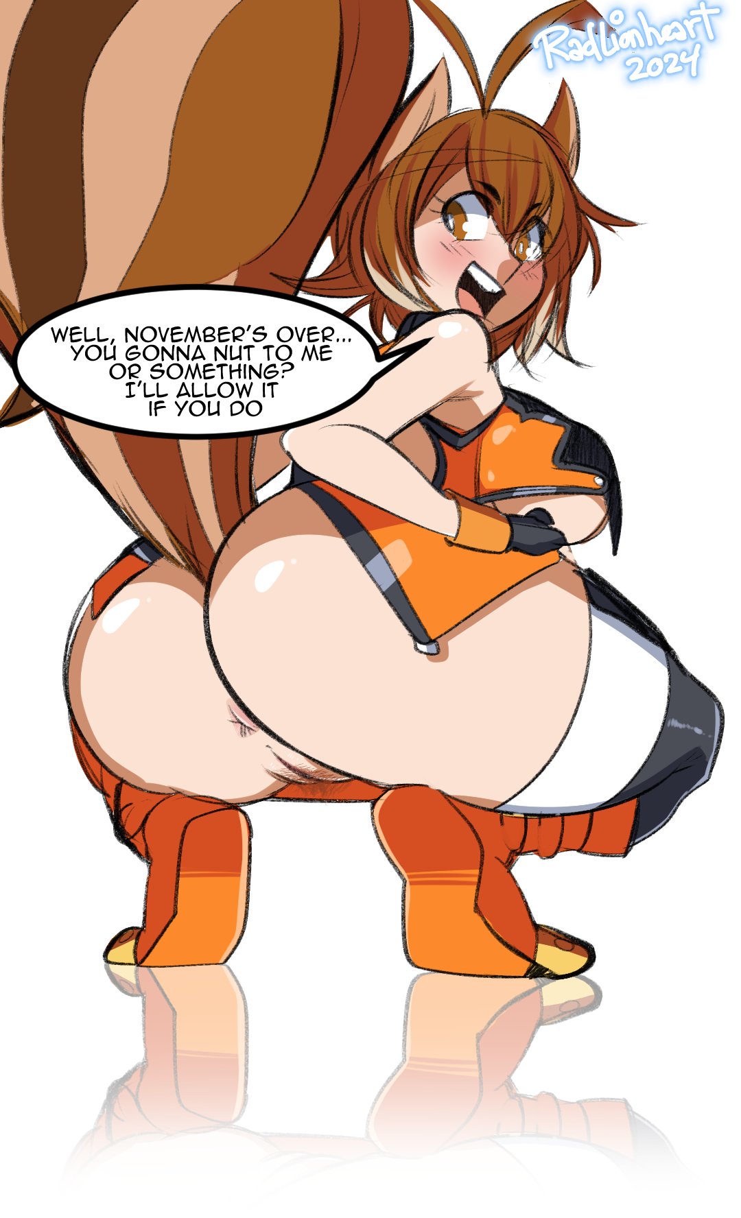 anus ass big_ass blazblue blush bottomless bottomless_female crouch crouching dialogue female looking_at_viewer makoto_nanaya pubic_hair pussy radlionheart speech_bubble squatted squatting squatting_female squirrel_tail talking_to_viewer