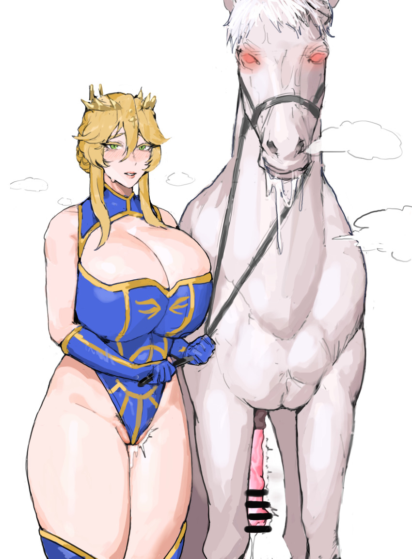 1animal, 1girls, artoria pendragon, artoria pendragon (lancer), ass, bestiality, big ass, big breasts, big penis, big thighs, blonde hair, blush, breasts, dun stallion, evil and intimidating horse, fate (series), fate/grand order, female, gigantic ass, gigantic breasts, gigantic thighs, green eyes, horse, horse penis, horsecock, huge ass, huge breasts, huge penis, huge thighs, implied bestiality, male, penis, pussy, pussy juice, sweat, sweatdrop, sweating, tagme, thick thighs, thighs, tomatosp, wet, wet pussy, zoophilia