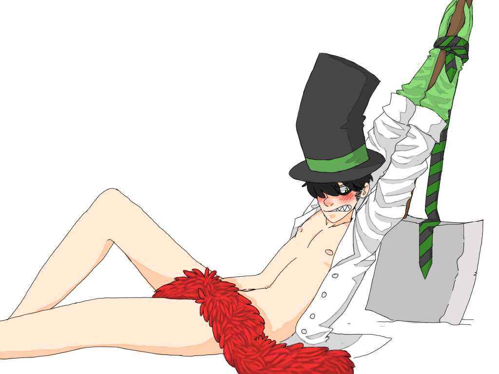 1boy axe black_hair boa_(clothing) bondage convenient_censoring dr_seuss feather_boa greed-ler green_eyes male male_only necktie once-ler open_clothes sharp_teeth sideburns solo the_lorax tickling_penis tied_up top_hat transparent_background