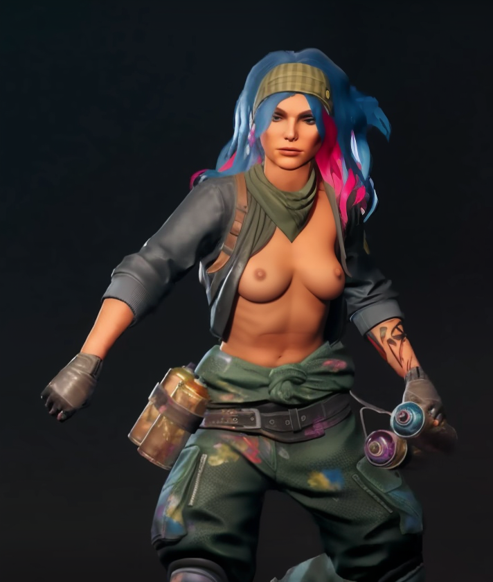 1girls ai_edit ai_generated belly belly_button blue_hair breasts commander dessi.io edit edited female female_only gloves hispanic latina medium_breasts nipples olivia_vasquez paint_splatter paint_stains pink_hair purple_hair sexy topless video_games world_of_tanks world_of_tanks_blitz