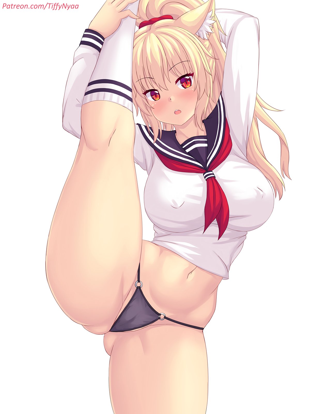 1girls, 2021, belly button, black panties, blonde hair, blush, cat ears, cat girl, catgirl, erect nipples, erect nipples under clothes, female, female focus, female only, hips, kneesocks, leg hold pose, long hair, long ponytail, midriff, navel, nipples, no pants, one leg up, panties, ponytail, red eyes, sailor uniform, simple background, slim waist, slit pupils, standing split, thick thighs, thighs, thong, tiffy, tiffynyaa, vertical splits, white background, wide hips
