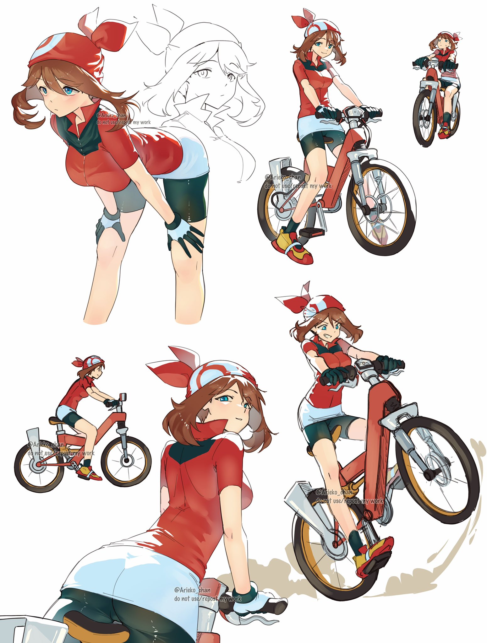 1girls, ariekochan, artist name, ass, bandana, bicycle, bike shorts, bike shorts under shorts, black gloves, black shorts, black socks, blue eyes, bow hairband, brown hair, commentary, dust, english commentary, female, gloves, hairband, hands on own thighs, highres, hunched over, line art, may (pokemon rs), may (pokemon), medium hair, multiple views, nintendo, pokemon, pokemon rse, red bandana, red footwear, red hairband, red shirt, reference sheet, riding, riding bicycle, shirt, shoes, short sleeves, shorts, sketch, sneakers, socks, two-tone footwear, two-tone gloves, watermark, white gloves, white shorts, yellow shoes