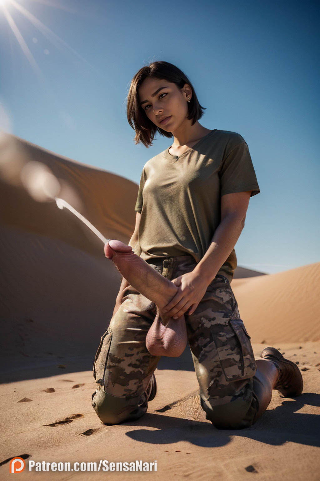 1futa ai_generated belt black_hair blue_sky boots breasts camouflage camouflage_pants combat_boots cum day desert detailed dickgirl earrings ejaculation erection full_body futanari futanari futanari_masturbation hi_res highres kneeling large_penis lips masturbation nose outdoors pants penis penis_out projectile_cum sensanari shadow shirt short_hair short_sleeves sky solo sunlight t-shirt testicles uncensored watermark web_address