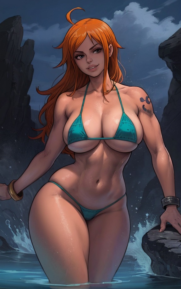 1girls ahoge ai_generated areola areolae belly_button biceps bikini bracelet breast_squeeze breasts brown_eyes cloud curvaceous curvy curvy_figure dim_lighting green_bikini high_leg_thong hourglass_figure huge_breasts jewelry large_breasts legs legs_together long_hair looking_at_viewer looking_pleasured micro_bikini nami nami_(one_piece) navel night one_piece orange_hair partially_submerged pose posing rocks shiny_skin shoulder_tattoo shoulders sideboob skindentation smile solo solo_female solo_focus strap_gap string_bikini suggestive suggestive_look swimsuit swimwear tease teasing teasing_viewer thick thick_ass thick_legs thick_thighs thighs thong thong_bikini tight_clothing toned toned_arms toned_female underboob wading wide_hips