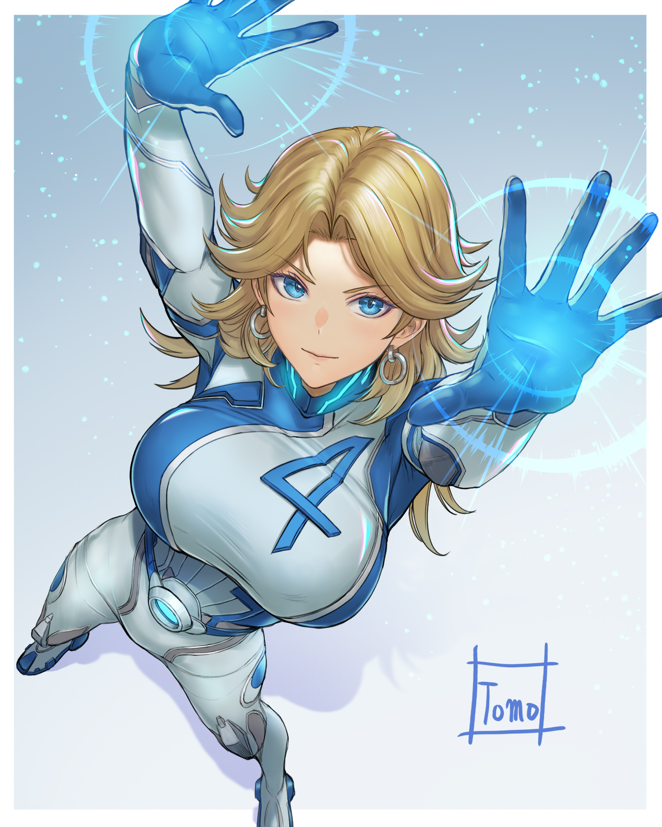 1girls, 2d, blonde hair, bodysuit, breasts, fantastic four, female, fully clothed, invisible woman, invisible woman (marvel rivals), large breasts, marvel, marvel comics, marvel rivals, sue richards, sue storm, tomo eokaiteru