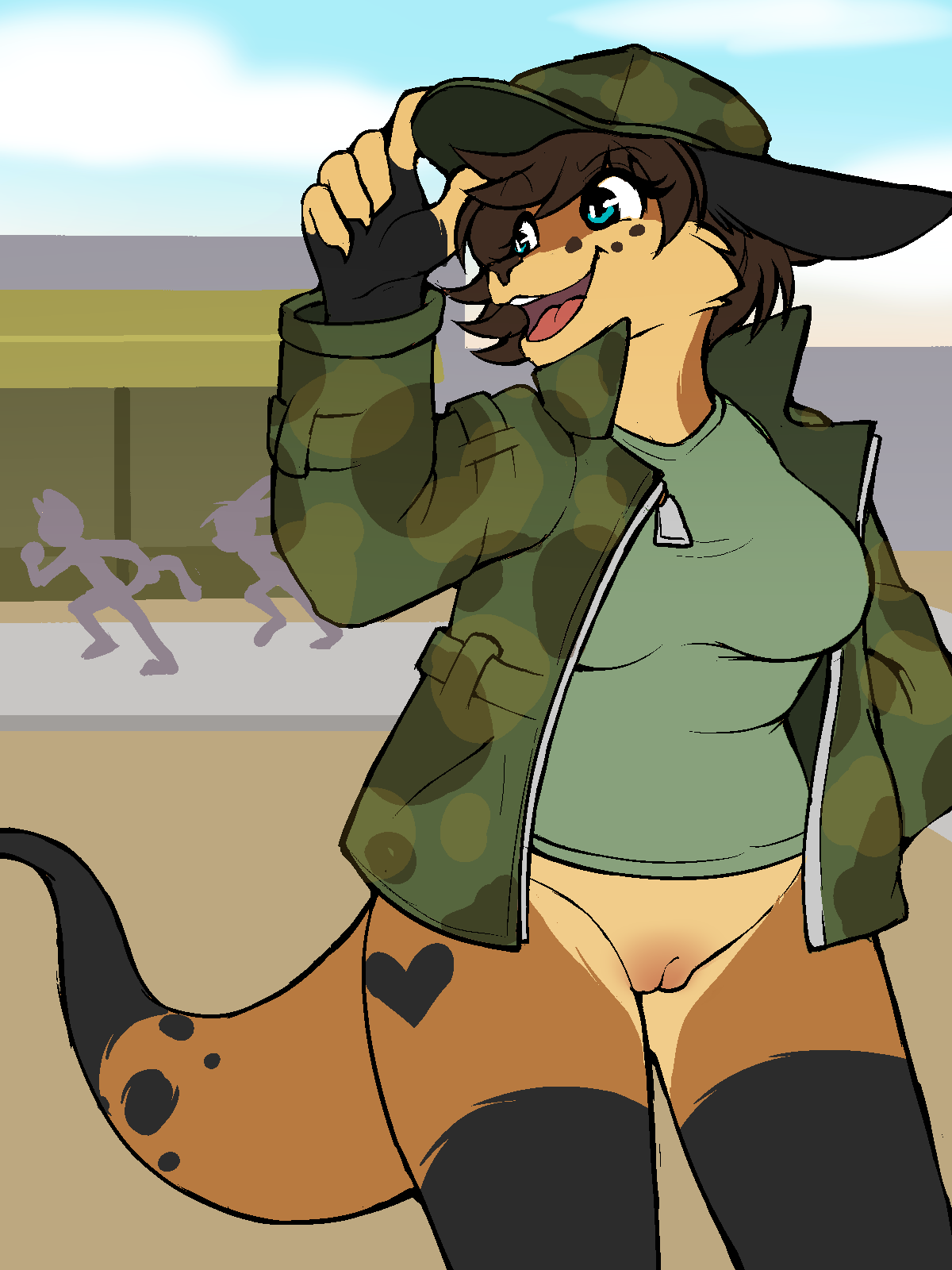 anthro blue_eyes bottomless bottomless_anthro bottomless_female breasts brown_body brown_fur camo camo_jacket camo_print casual_bottomless clothed clothing female front_view fur genitals hat headgear headwear hi_res kangaroo macropod mammal marsupial partially_clothed partially_clothed_female pussy shirt smile solo standing sutagaki tail topwear