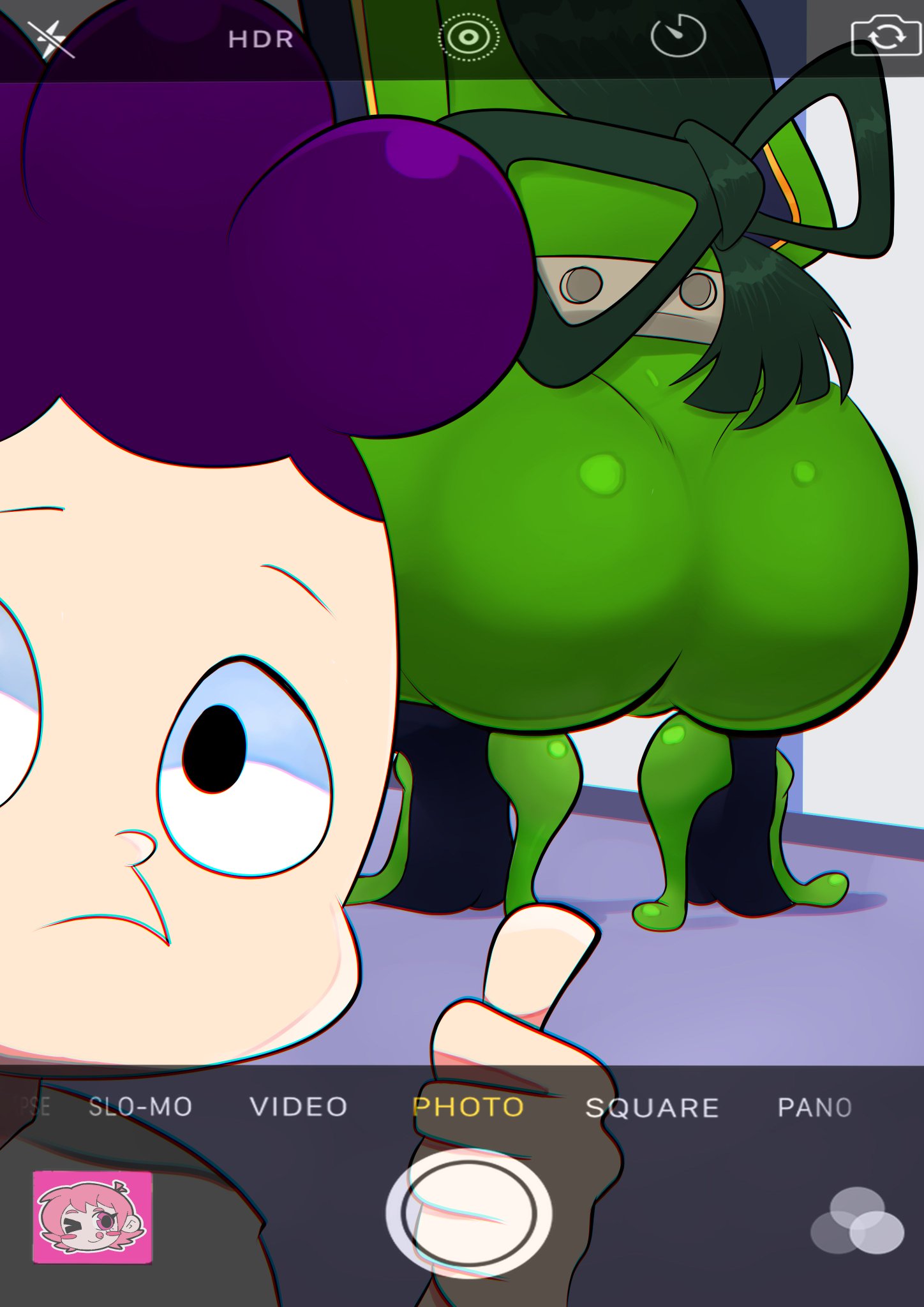 1boy 1girls big_ass big_butt black_hair boku_no_hero_academia freshnsfw hero_outfit_(mha) long_hair minoru_mineta my_hero_academia purple_hair selfie tsuyu_asui