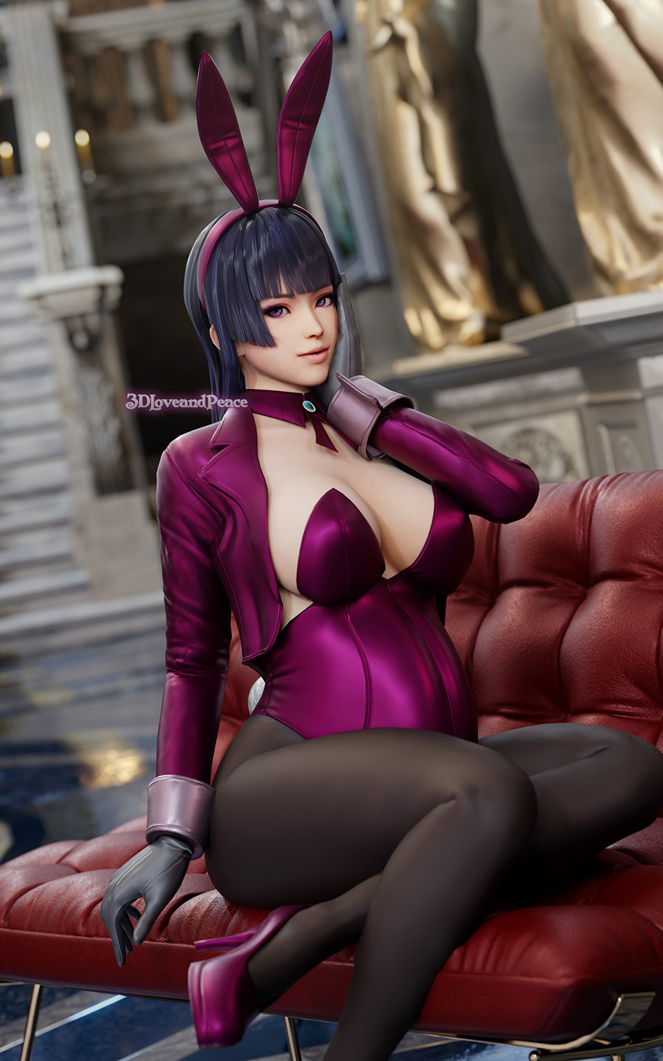 1girls, 3d, 3dloveandpeace, belly, big belly, big breasts, black hair, breasts, bunny ears, bunnysuit, cleavage, dead or alive, female, female only, nyotengu, pregnant, solo
