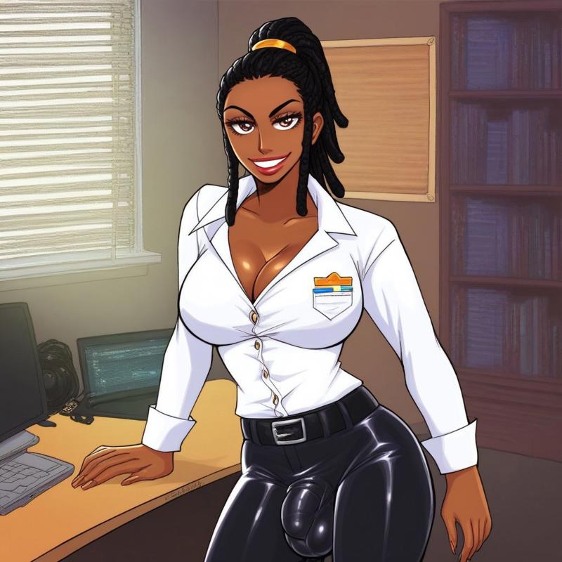 1futa 2d 2d_(artwork) ai_generated anasheya_(style) balls balls_under_clothes black_belt black_hair black_hair_brown_eyes black_hair_futa black_pants black_trousers breasts brown_eyes brunette_futa bulge civitai cleavage clothed_futanari clothing computer dark-skinned_futanari dark_skin desk dreadlocks futanari hand_on_desk large_breasts leather_belt long-sleeved_shirt long_sleeves looking_at_viewer milf_enjoyer penis_in_pants penis_under_clothes penis_under_pants ponytail security_guard security_uniform smirk smirking_at_viewer solo solo_futa trousers white_shirt