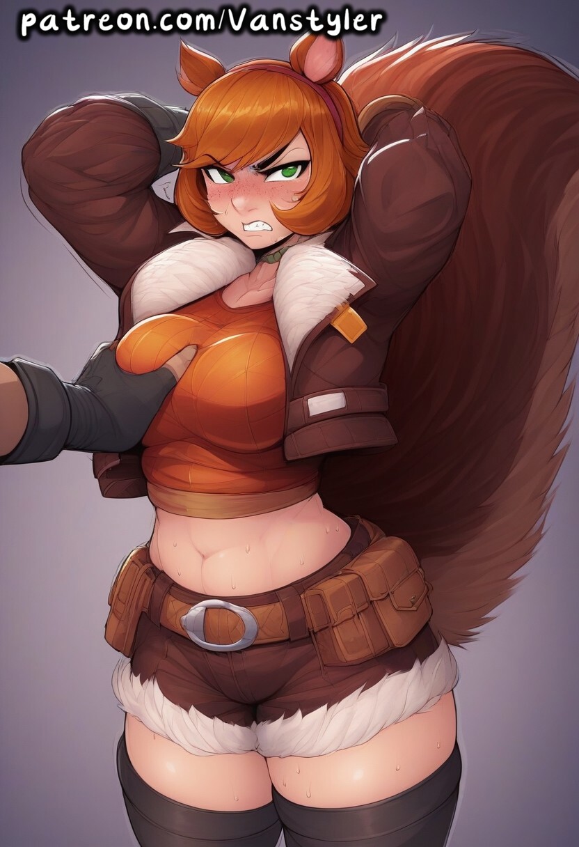 1girls ai_generated angry angry_face animal_ears belly belly_button belt big_breasts blush breasts embarrassed freckles green_eyes groping groping_breasts huge_breasts jacket laying_down marvel marvel_rivals orange_hair patreon short_hair shorts squirrel_ears squirrel_girl squirrel_girl_(marvel) squirrel_girl_(marvel_rivals) squirrel_tail stockings sweat thick_thighs vanstyler wide_hips