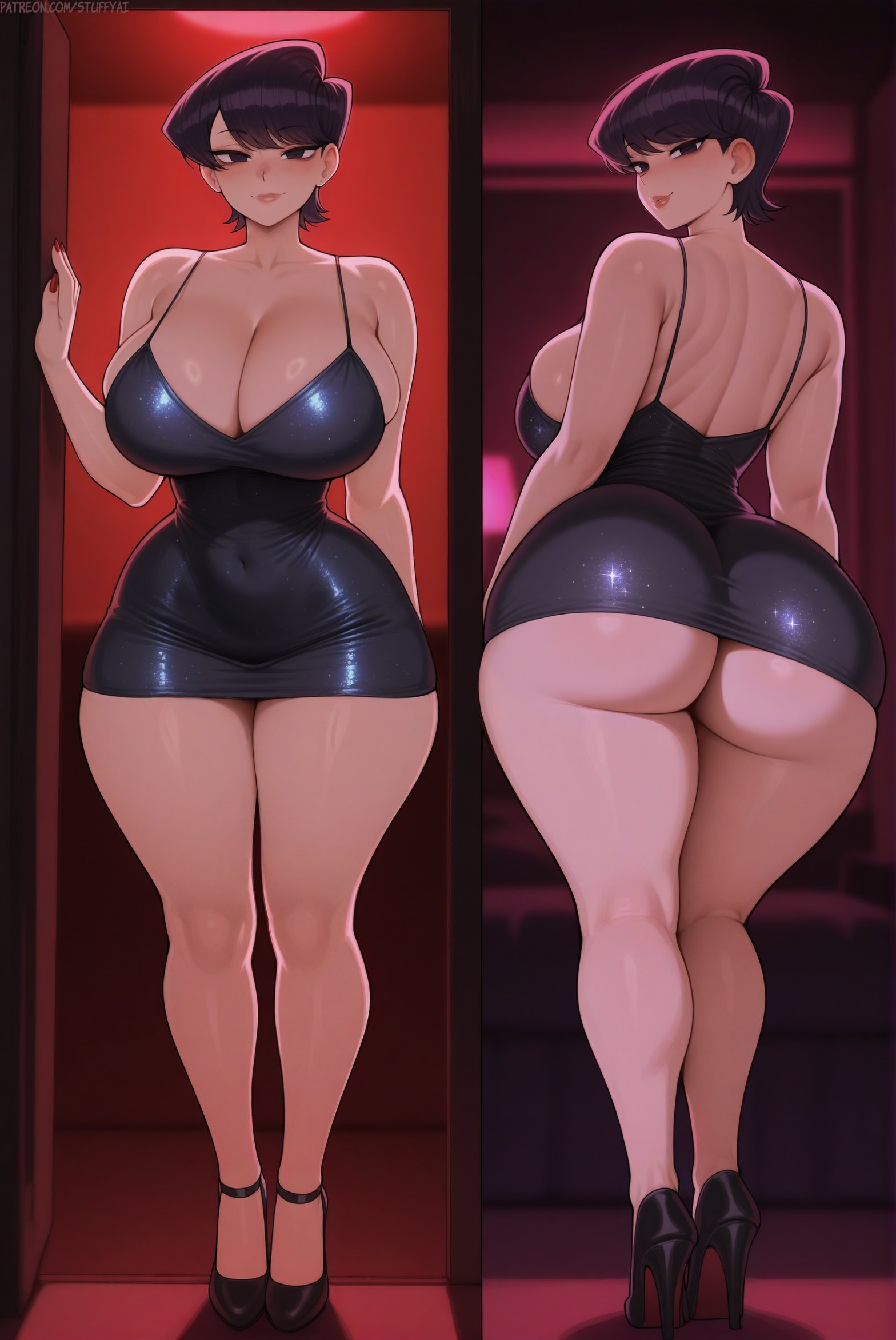 1girls, ai generated, ass, black hair, breasts, couch, dress, female, full body, hi res, high heels, hips, huge ass, huge breasts, komi shuuko, komi-san wa komyushou desu, light skin, light-skinned female, mature female, milf, mother, on side, panties, short hair, solo, standing, stuffyai, thick thighs, thighs, underboob, wide hips