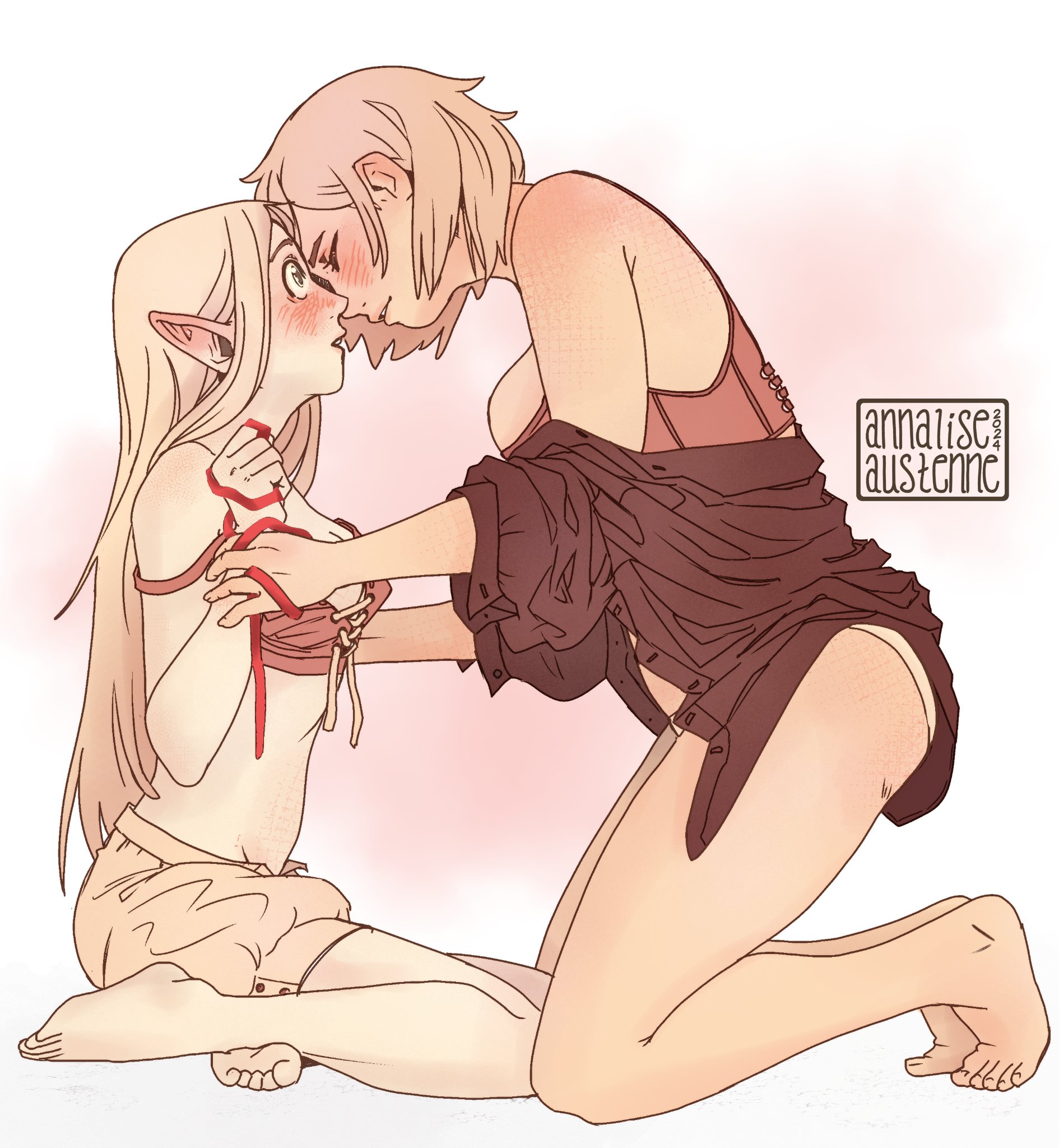 2girls, annaliseaustenn, artist name, big breasts, blonde female, blonde hair, blush, bra, bra down, breast size difference, breasts, cleavage, closed eyes, color, dated, dungeon meshi, ear blush, elf, elf ears, elf female, falin touden, fanon couple, farcille, female, female only, female/female, gradient background, green eyes, hair down, hair ribbon, half-elf, hand on another's arm, highres, imminent kiss, imminent lesbian sex, imminent sex, kneeling, large breasts, lesbian couple, lesbian kiss, lighting, long hair, looking at partner, marcille donato, multiple females, multiple girls, open clothes, open shirt, panties, partially clothed, pink background, pointy ears, red ribbon, removing bra, romantic, romantic couple, shirt down, side view, small breasts, smile, undressing, undressing another, very long hair, watermark, white background, white panties, wholesome, wide eyed, wrist grab, yuri