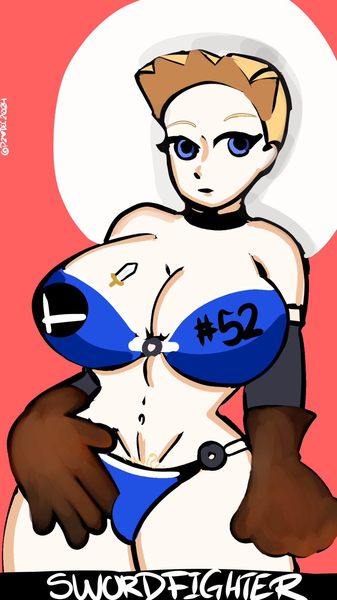 big_breasts big_hips bikini blonde_hair bulge busty_boy curvy feminine_male feminization mii mii_swordfighter nintendo pose pubic_hair puddinpuddgi super_smash_bros._ultimate tattoo