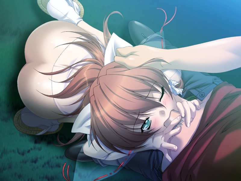 1boy ass blush bottomless brown_hair clothes cosplay_fetish_academy deepthroat eye_contact fellatio female from_above green_eyes hair hair_ribbon hand_on_head japanese_clothes kazuma_muramasa looking_at_another looking_up male mikage_yuuki night oral outdoors penis pov pov_eye_contact red_hair ribbon see-through squatting straight uncensored wink