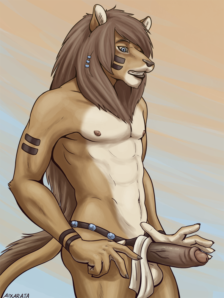 1boy abs aixarata anthro ataraxia balls body_markings erection feline lion loincloth male male_only markings muscles penis solo toned tribal uncut western_art